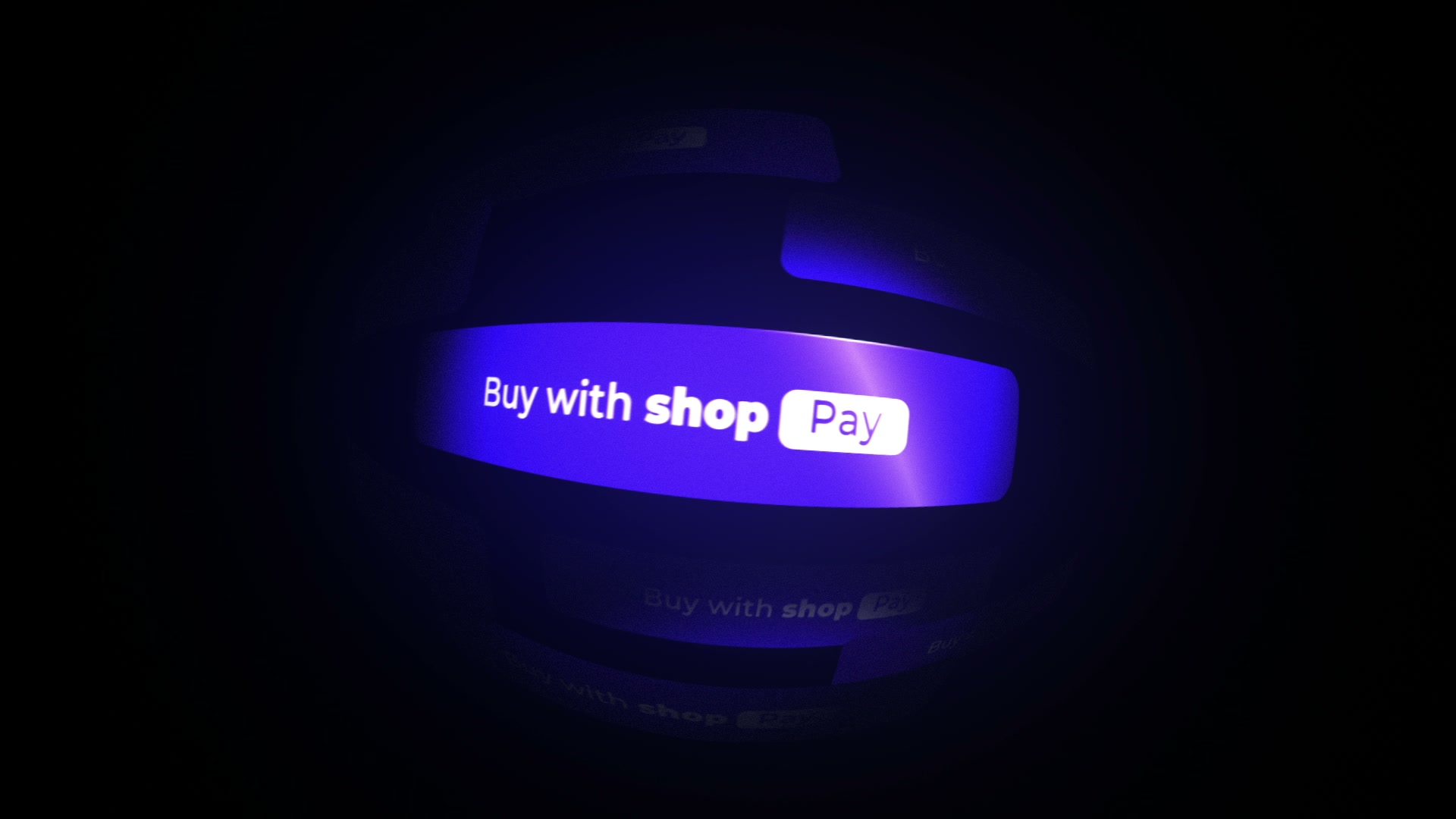 A glowing purple checkout bar reading Buy with Shop Pay, bending in three-dimensional space.