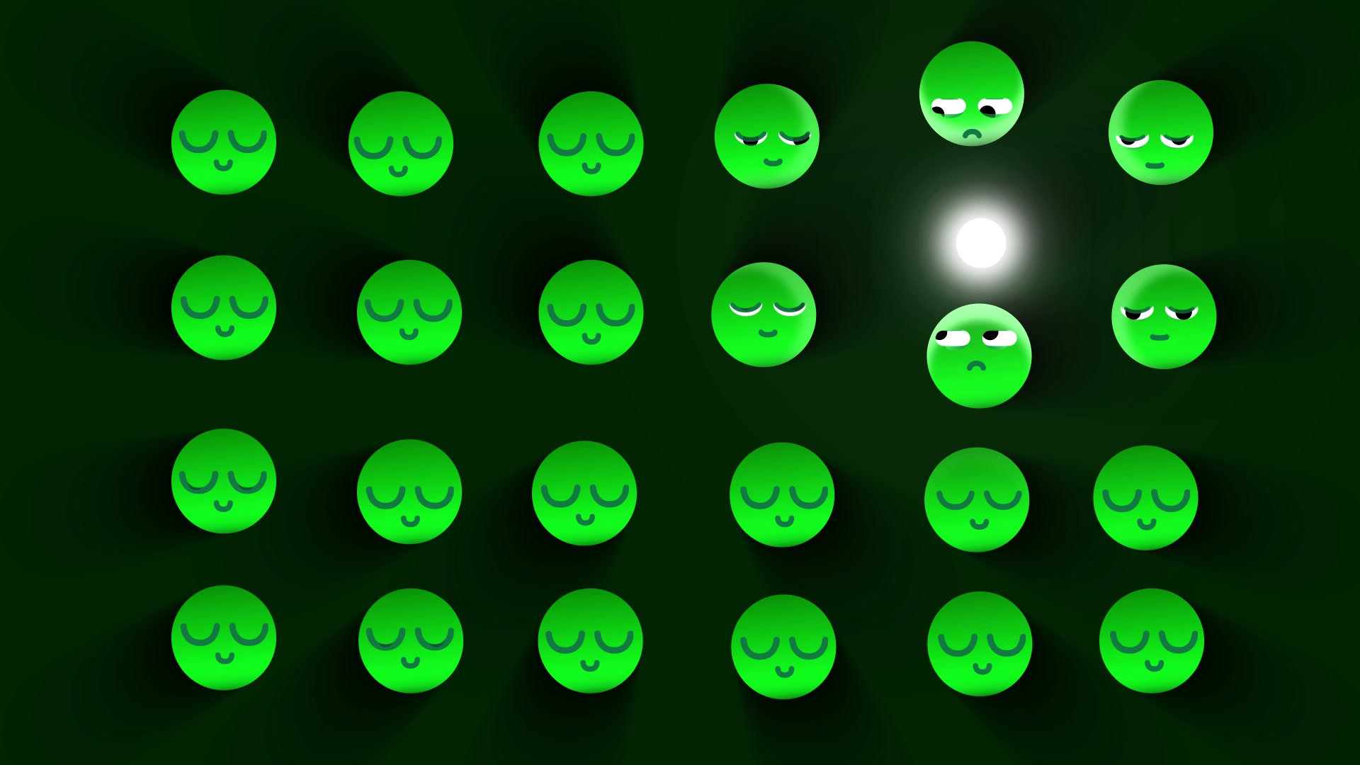 A grid of green spherical characters on a dark field, with a bright point of light waking two of them.