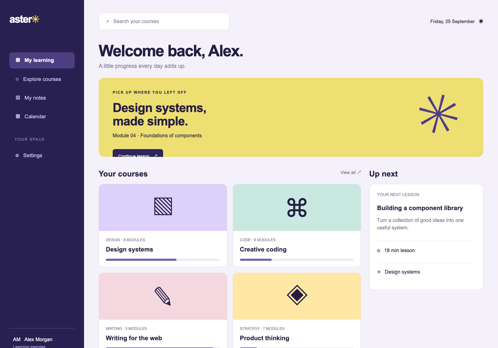 Fictional Aster Learning course dashboard concept.