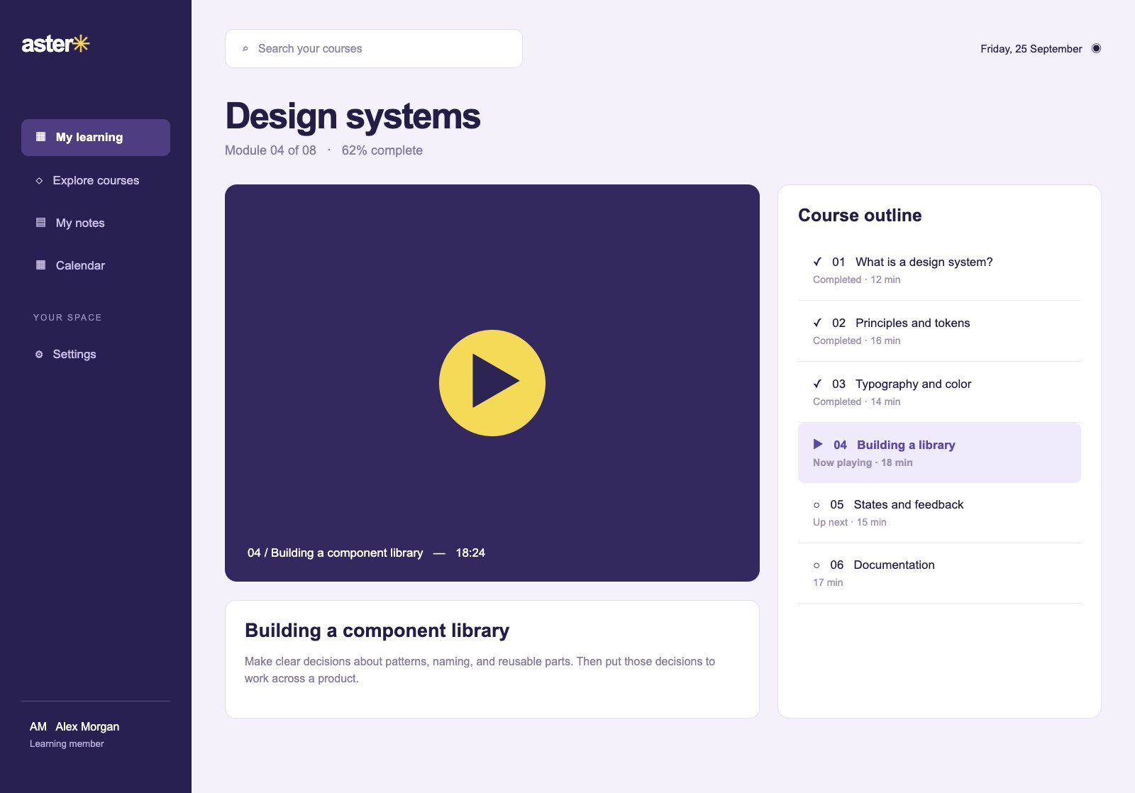 Fictional Aster Learning lesson overview screen.
