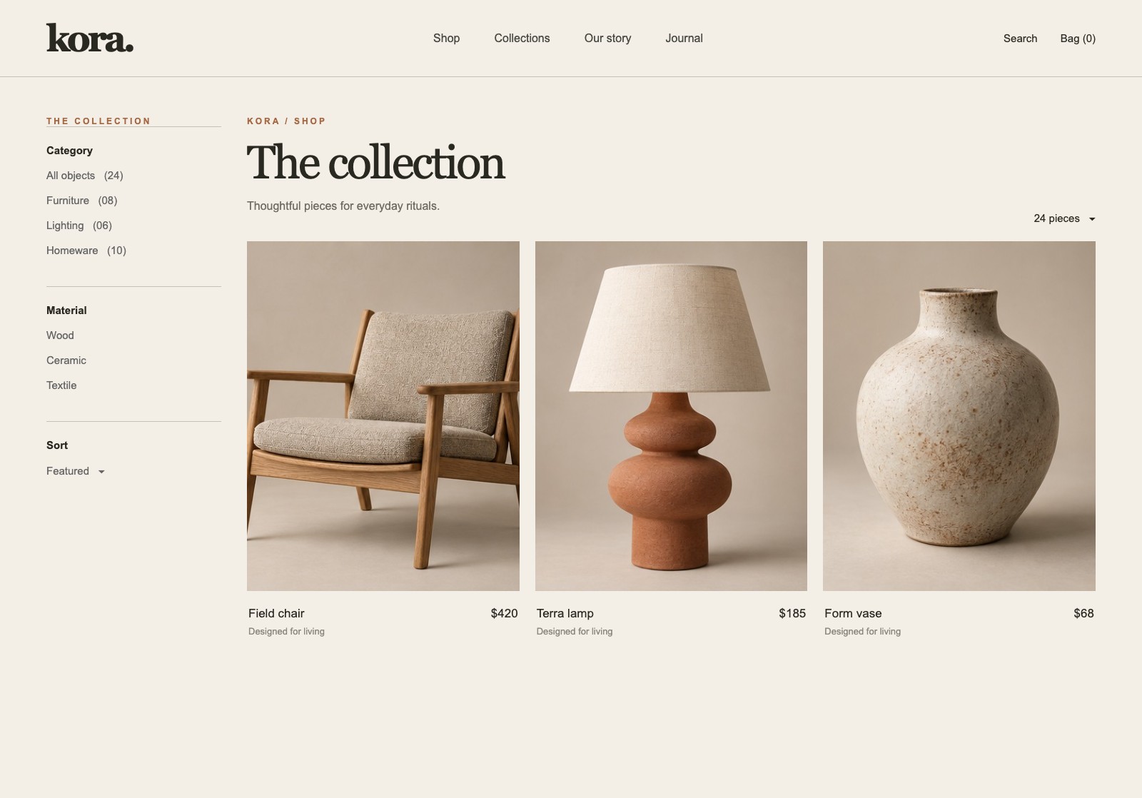 Fictional Kora Market product collection screen.