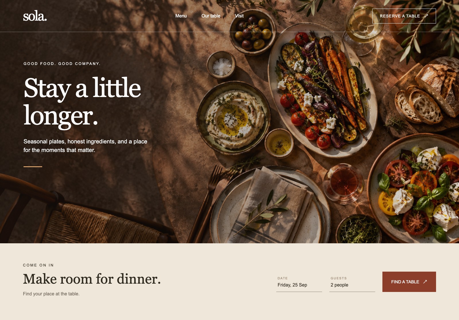 Fictional Sola Table restaurant website concept.