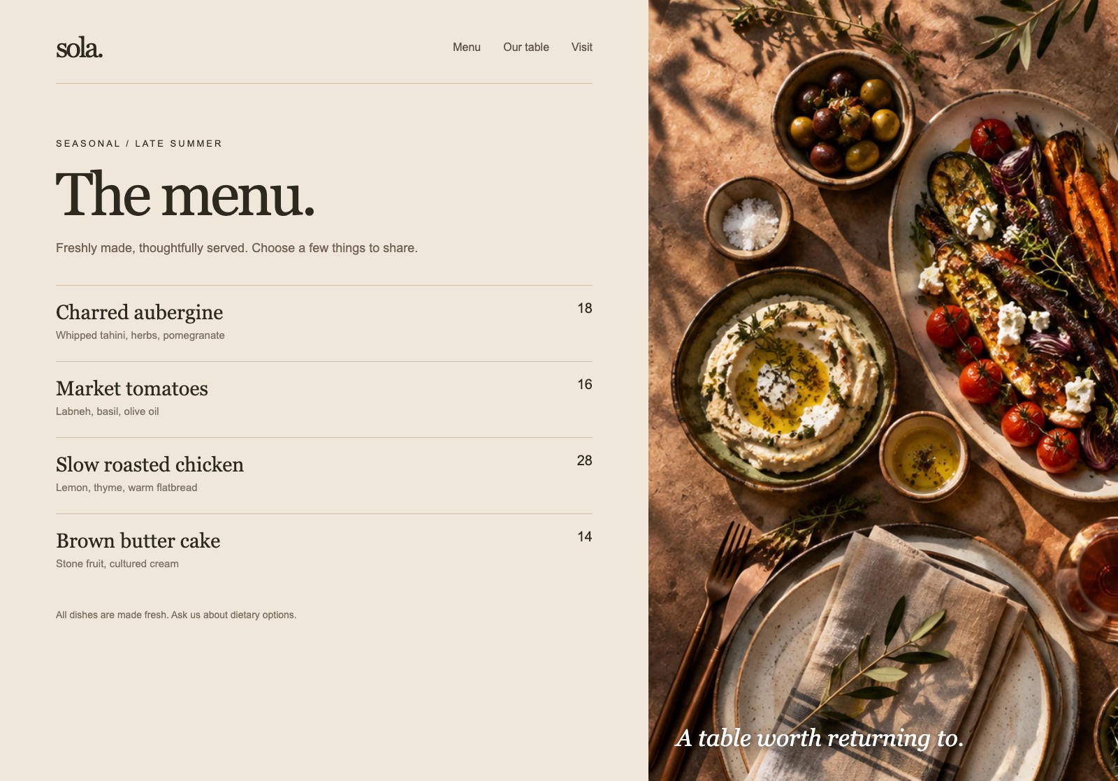 Fictional Sola Table menu and reservation screen.