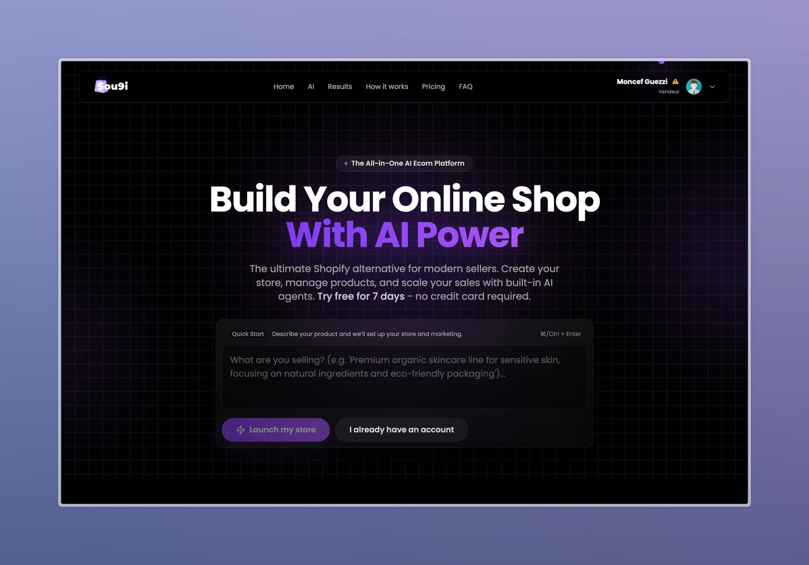 Sou9i commerce platform interface.