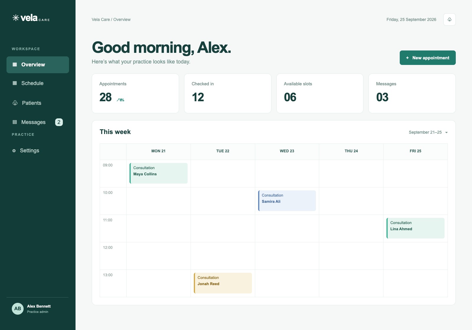 Fictional Vela Care scheduling dashboard concept.
