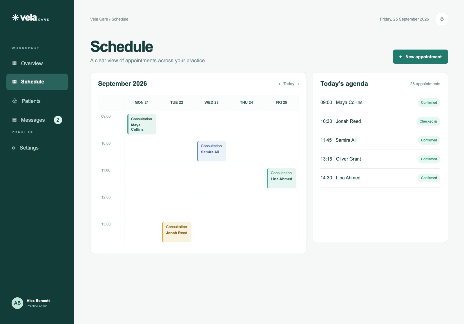 Fictional Vela Care appointment planning screen.