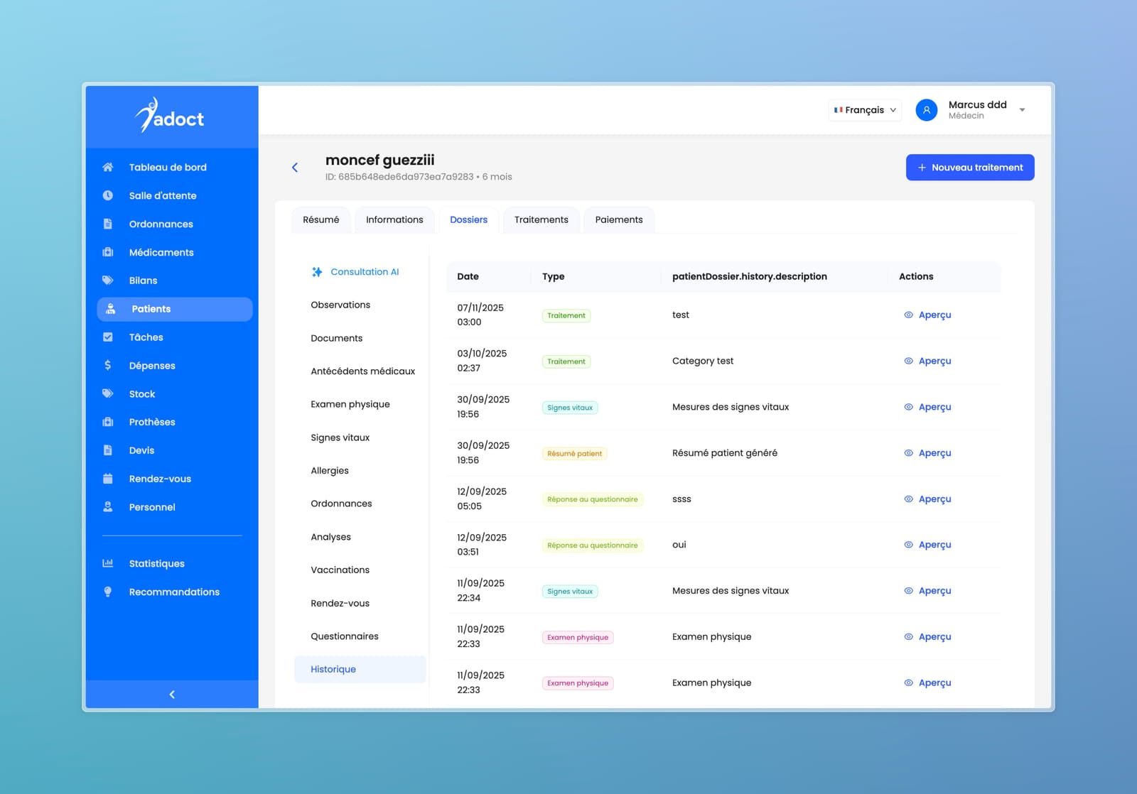 YaDoct dashboard and patient flow.