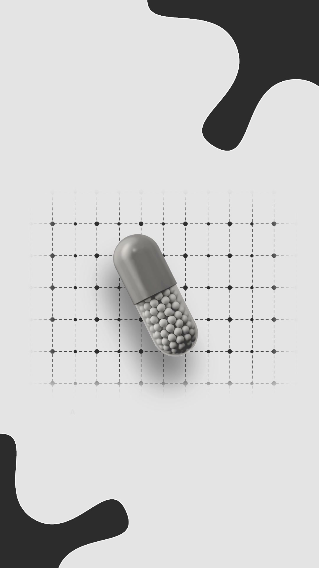 A grey capsule on a dotted grid, framed by black abstract shapes on a light field.